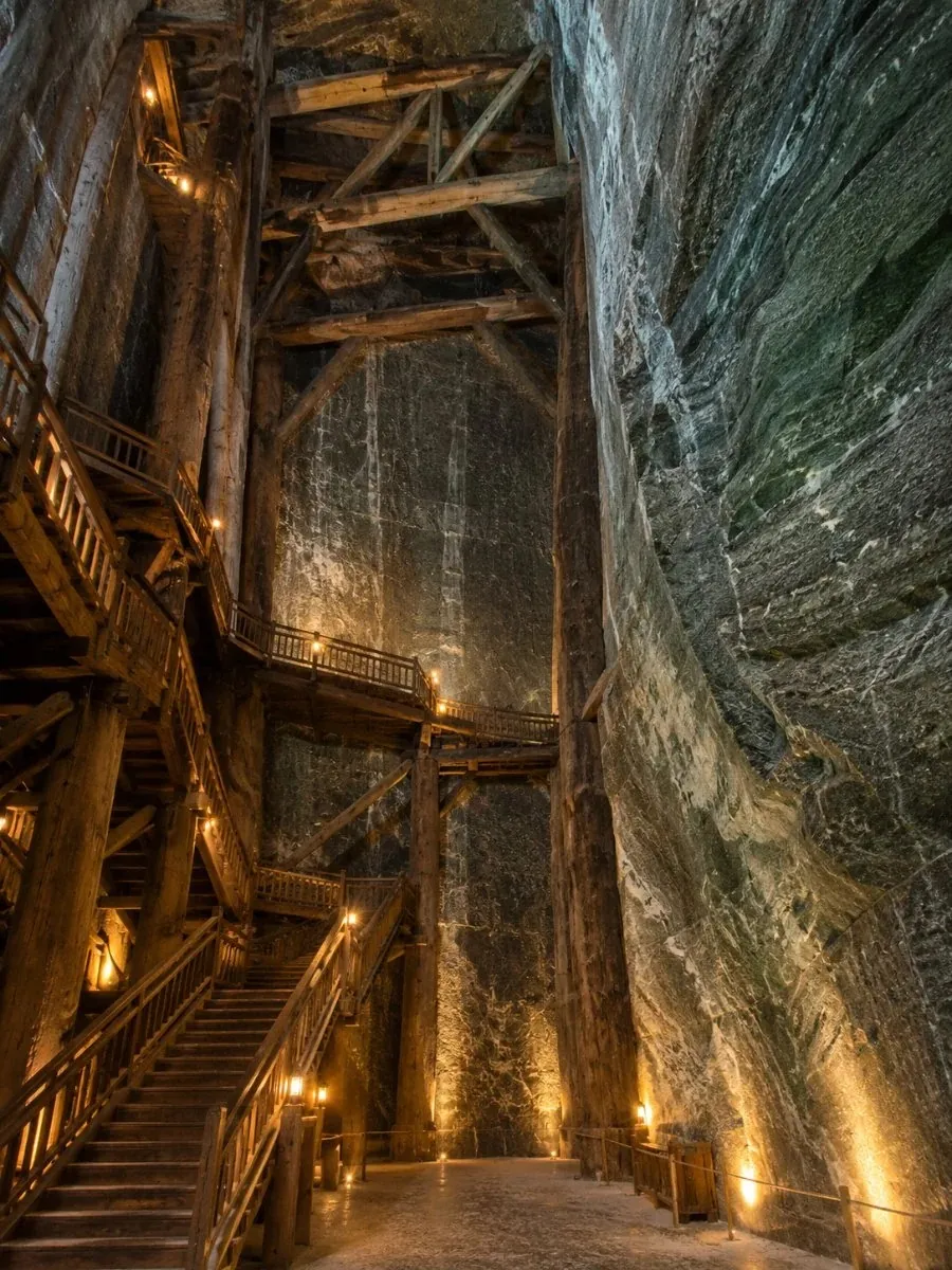 A tall salt chamber with timber supports and a staircase, lit by warm lamps far below the surface